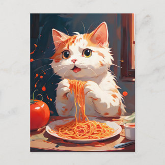 Cat eating spaghetti postcard