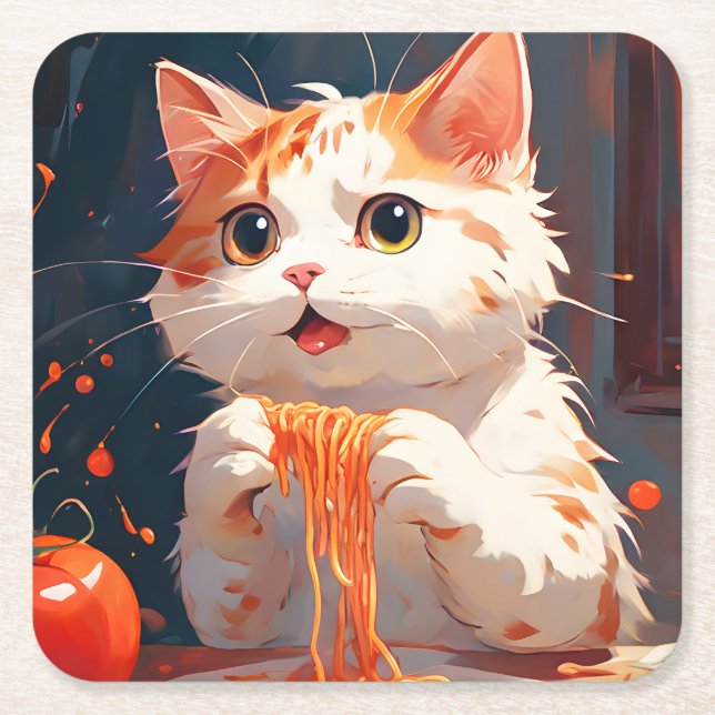 Cat eating spaghetti square paper coaster (Front)