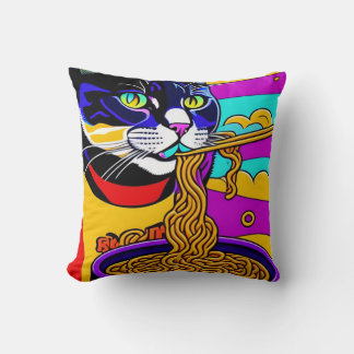 Cat Eating spaghetti Throw Pillow