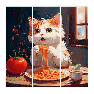 Cat eating spaghetti triptych