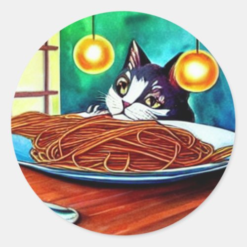Cat Eating Spaghetti Two Bulbs In The Background Classic Round Sticker