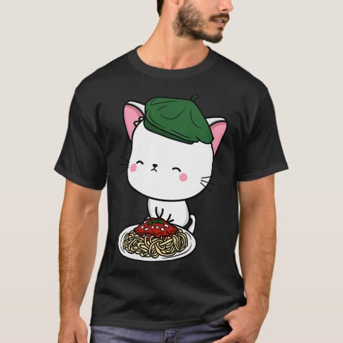 Cat eating Spaghetti White Angora Cat T_Shirt