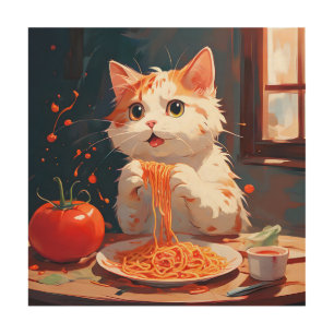 Cat eating spaghetti wood wall art