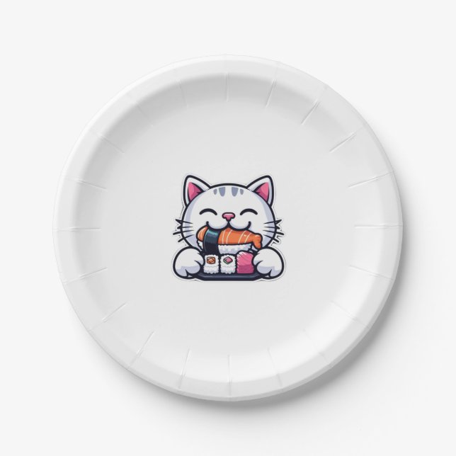 Cat eating sushi   paper plates (Front)