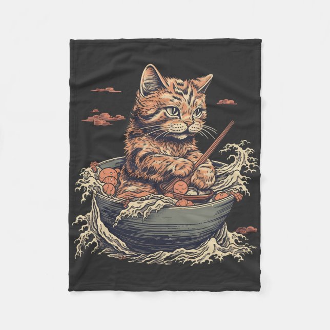 cat eats Ramen, Wave of Kanawaga Fleece Blanket (Front)