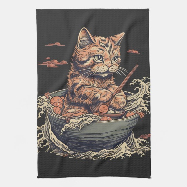 cat eats Ramen, Wave of Kanawaga Kitchen Towel (Vertical)