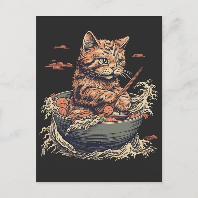 cat eats Ramen, Wave of Kanawaga Postcard (Front)
