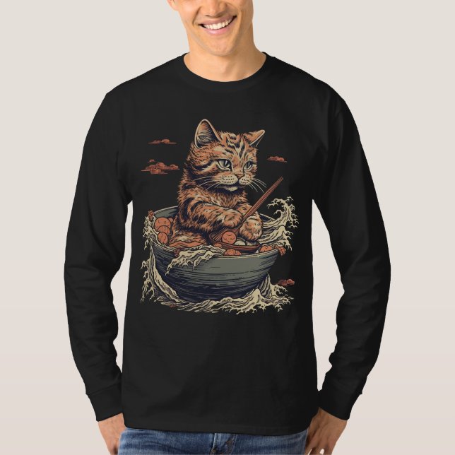cat eats Ramen, Wave of Kanawaga T-Shirt (Front)