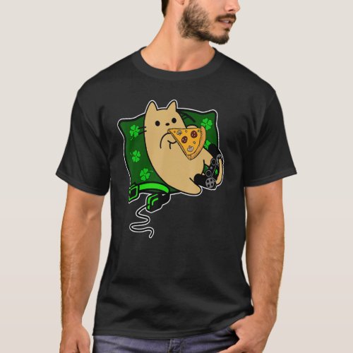 Cat Eatting Pizza And Chilling On Green Pillow T_Shirt