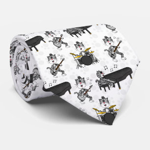 Cat Electric Guitar Piano Bass Drums Rock Musician Neck Tie