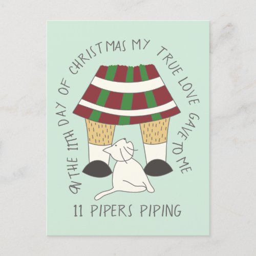 Cat Eleventh Day 11 Pipers Piping Christmas Postcard