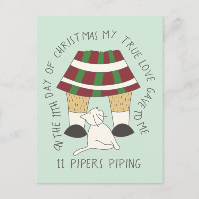 Cat Eleventh Day 11 Pipers Piping Christmas Postcard (Front)