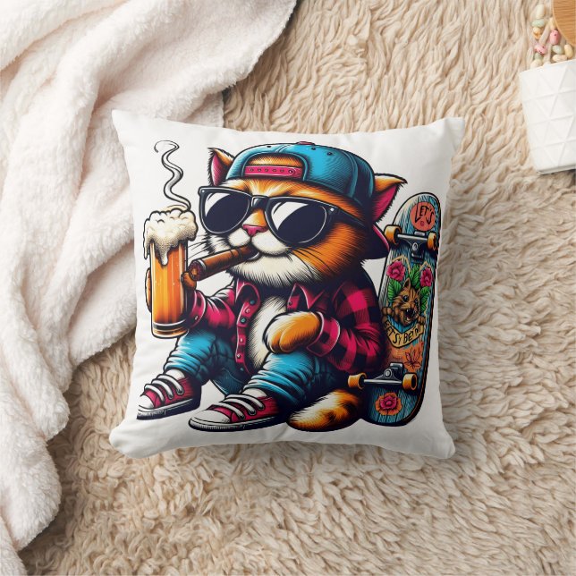 Cat enjoying a drink while skateboarding in style throw pillow (Blanket)