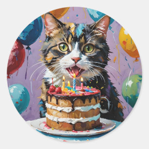 Cat Enjoying Birthday Cake Acrylic Art, Classic Round Sticker