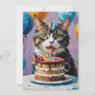 Cat Enjoying Birthday Cake Acrylic Art, Invitation
