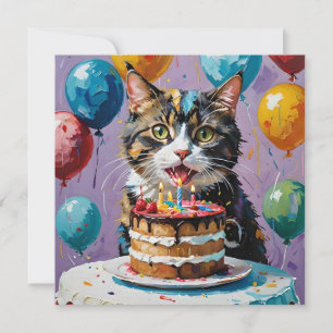 Cat Enjoying Birthday Cake Acrylic Art, Save The Date