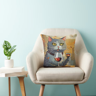 Cat Enjoying Wine Pillow! Throw Pillow