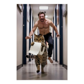 Cat escaping with toilet paper, funny poster