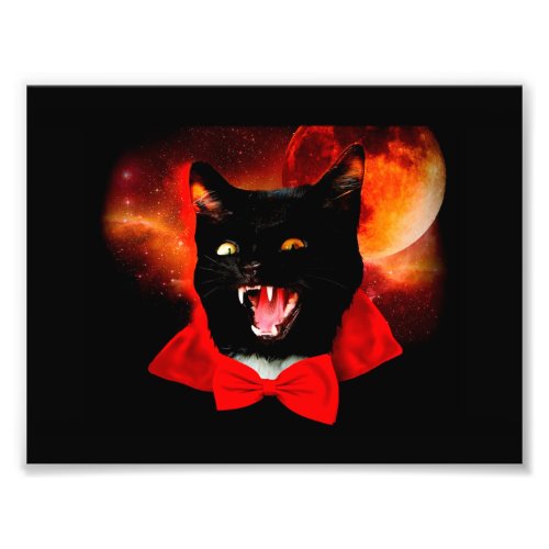 Cat evil with fangs in black red mantle photo print