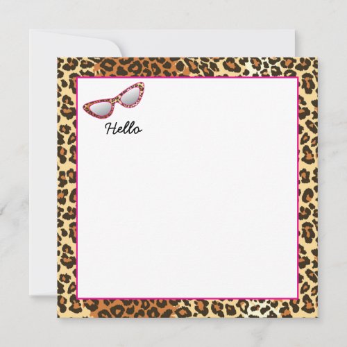 Cat Eye Glasses Leopard Print wCustom Name Note Card