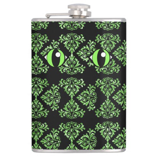 Cat Eyes Green Damask Vinyl Wrapped Flask