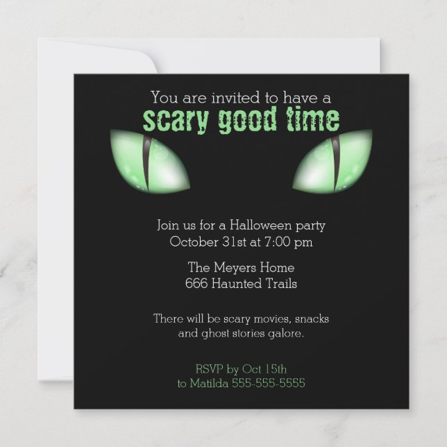 Cat Eyes Halloween Party Invitation (Green) (Front)