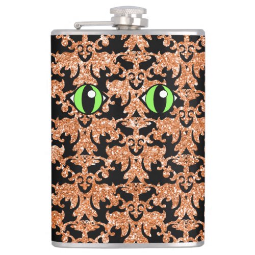 Cat Eyes Orange Damask Vinyl Wrapped Flask