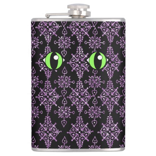 Cat Eyes Purple Damask Vinyl Wrapped Flask