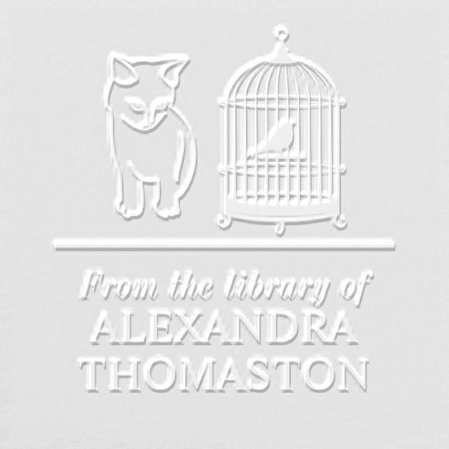 Cat Eying Bird in Cage Library Book Name Embosser (Design)