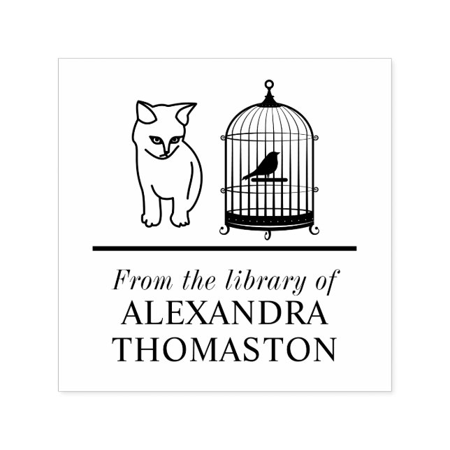 Cat Eying Bird in Cage Library Book Name Self-inking Stamp (Design)