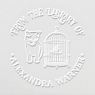 Cat Eying Bird in Cage Round Library Book Name Embosser