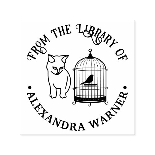Cat Eying Bird in Cage Round Library Book Name Self_inking Stamp