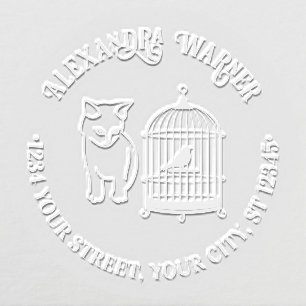 Cat Eying Bird in Cage Round Name Return Address Embosser
