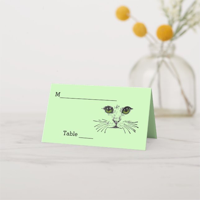Cat Face Black Drawing Green Eyes Long Whiskers Place Card (Front)