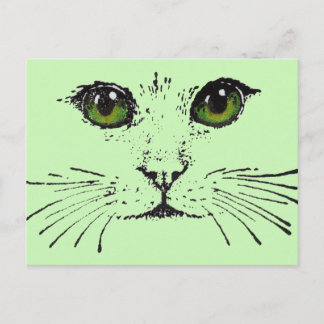 Cat Face Black Drawing Vibrant Green Eyes Postcard