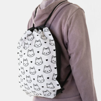 cat face black outline pattern drawstring bag