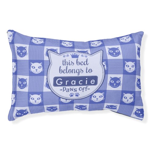 Cat Face Blue Gingham Cute Personalized Paws Off Pet Bed