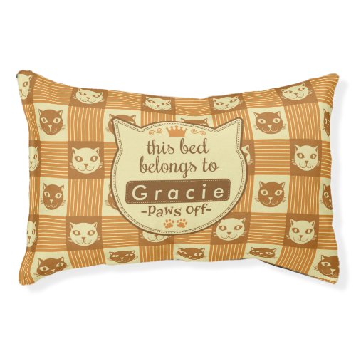 Cat Face Brown Gingham Cute Personalized Paws Off Pet Bed