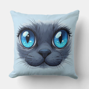 Cat Face Close Up Blue Eyes Kitty Illustratio Throw Pillow