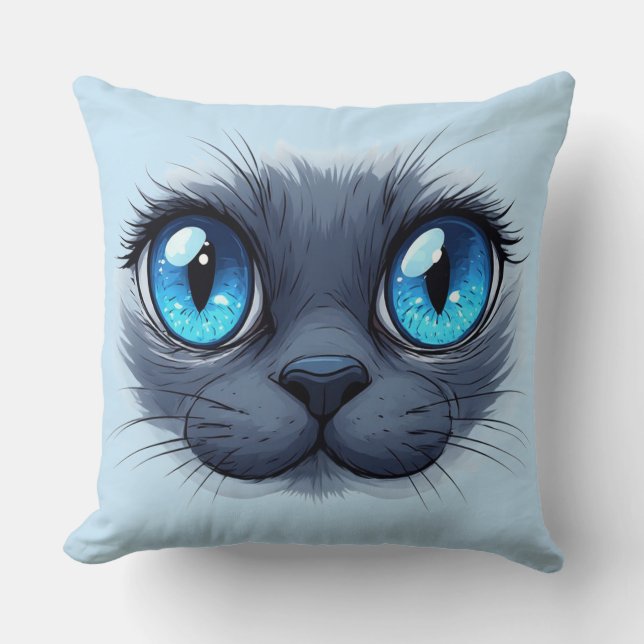 Cat Face Close Up Blue Eyes Kitty Illustratio Throw Pillow (Front)