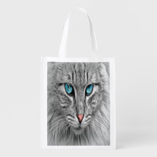 Cat face close-up, custom family pet photo grocery bag