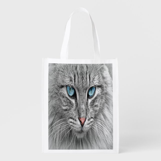 Cat face close-up, custom family pet photo grocery bag (Front)