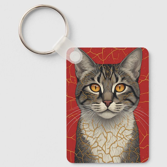 Cat Face Close Up With Golden Kintsugi Marks 🖤 Keychain (Front)