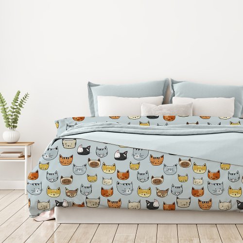 Cat Face Doodle Pattern Duvet Cover