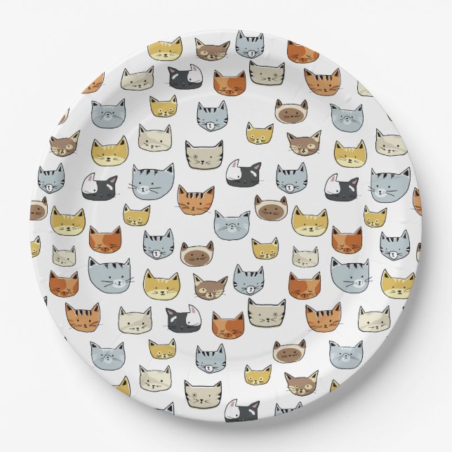 Cat Face Doodle Pattern Paper Plates (Front)