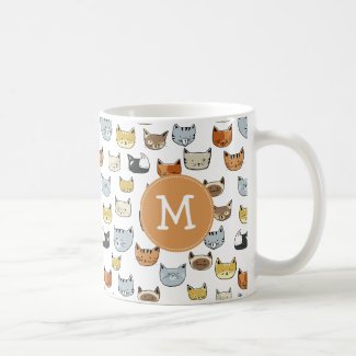 Cat Face Doodle Pattern with Monogram Coffee Mug
