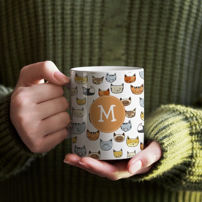 Cat Face Doodle Pattern with Monogram Coffee Mug (Cat Face Doodle Pattern Mug)