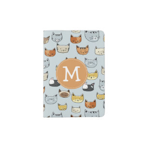 Cat Face Doodle Pattern with Monogram Passport Holder