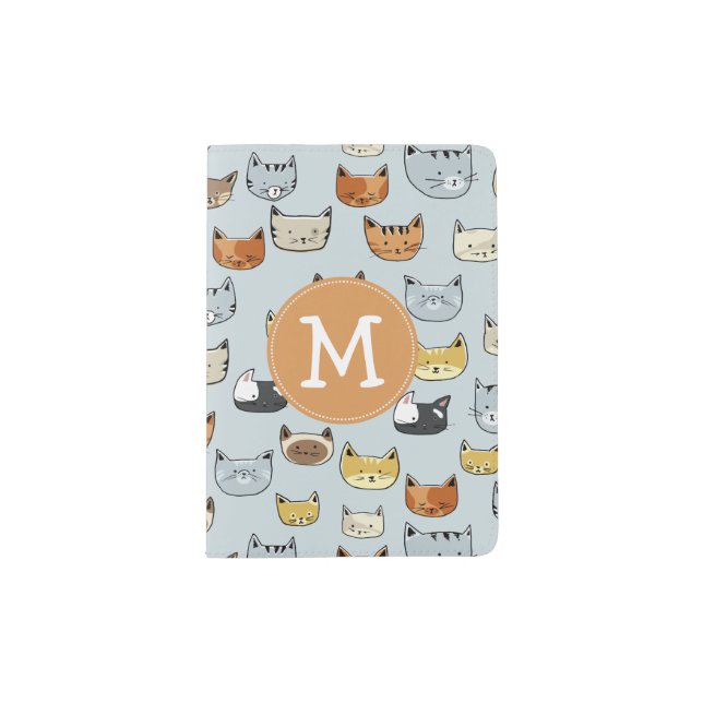 Cat Face Doodle Pattern with Monogram Passport Holder (Front)