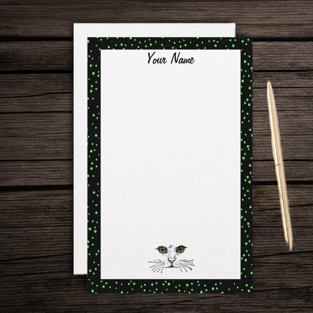 Cat Face Drawing Vibrant Green Eyes Dotted Border Stationery (Cat face with green eyes on white with black green dotted bordered stationery writing paper.)